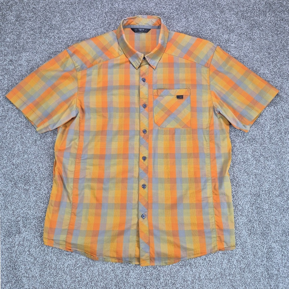 Arc'teryx Shirt Mens Large Orange Plaid Short Sleeve Button Up Hiking Outdoor